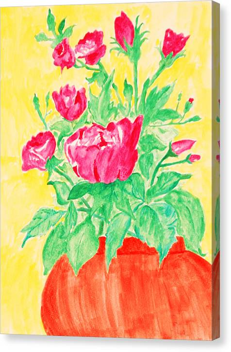 Red Flowers in a Brown vase - Canvas Print