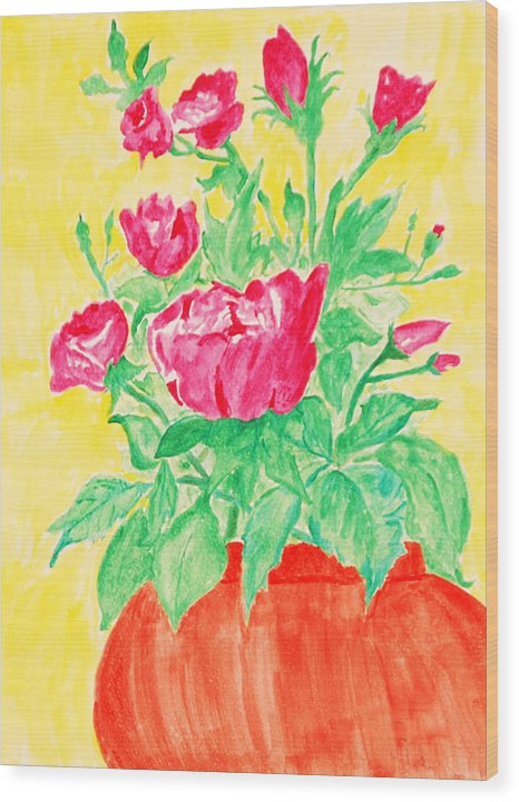 Red Flowers in a Brown vase - Wood Print