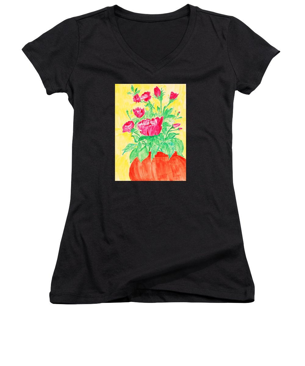 Red Flowers in a Brown vase - Women's V-Neck